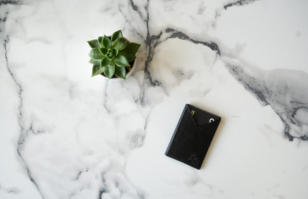 Image of Wallet on marble table with plant